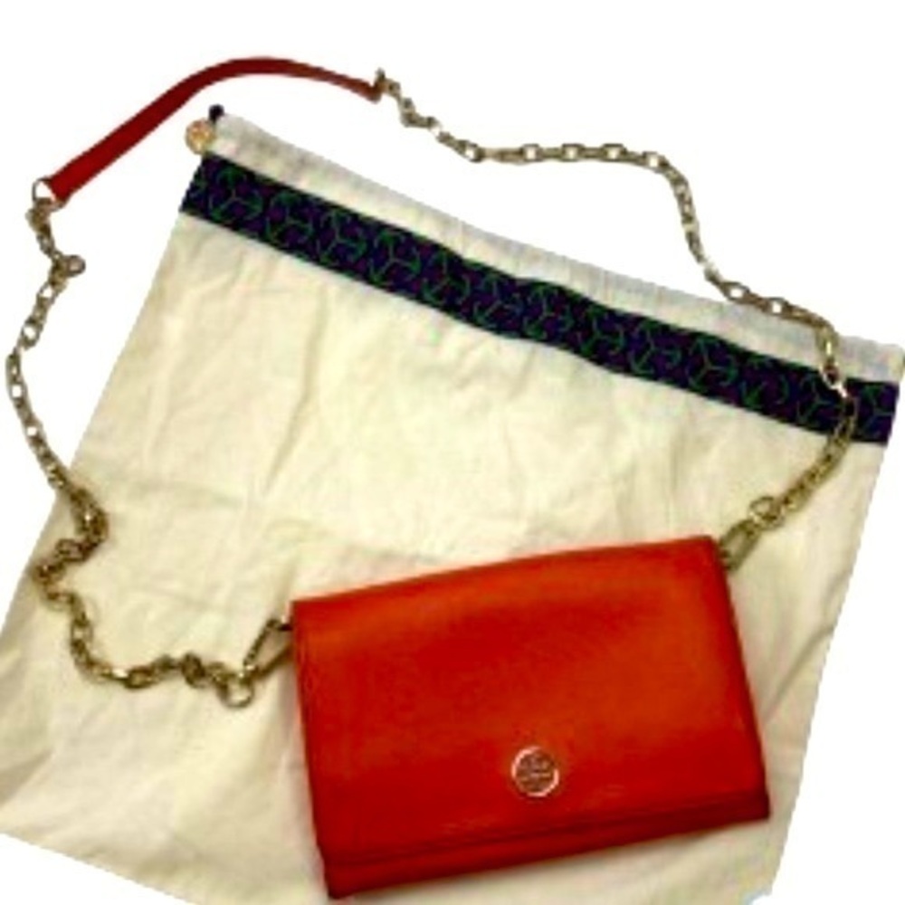 Tory Burch Robinson chain wallet orange saffiano leather handbag